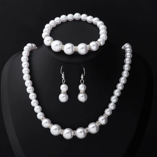 3Pieces Set Elegant Simulated Pearl Necklace Earrings Bracelet Long Necklace Women Bridal Wedding Jewelry Gift Beautiful Jewelri