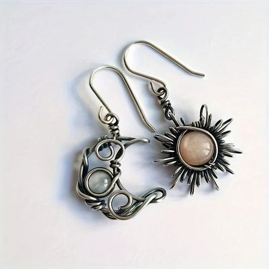 1 Bohemian style retro sun and moon earring, moonstone asymmetrical sun and moon earring