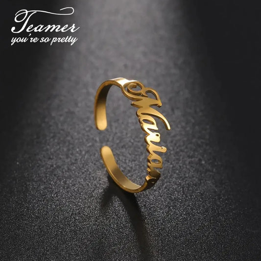 Teamer Custom Name Rings Adjustable Gold Color Stainless Steel Personalized Ring Jewelry Women Men Unique Valentine's Day Gift
