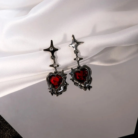 New Dark Red Love Stud Earrings, Four-pointed Star Peach Heart Earrings, Holiday Gift.
