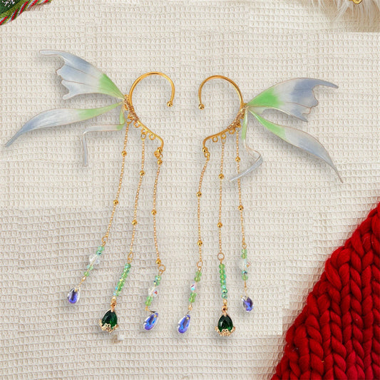 Fairy Wing Ear Cuffs with Crystal Accents and Chain Tassels for Women and Girls - No Piercing Cosplay Earrings and Accessories