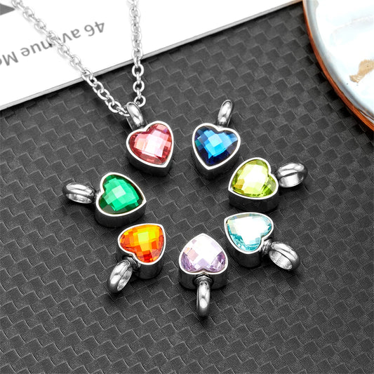 Small Heart Birthstone Cremation Necklace - Stainless Steel Memorial Urn Pendant for Human Ashes, Keepsake Jewelry