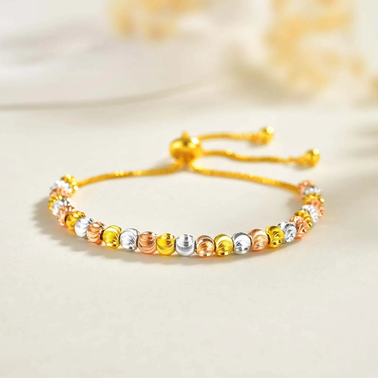 Luxury Tri Color Beaded Bracelet for Women, Gold Plated Adjustable Chain Bracelet, Unique Design Fashion Jewelry