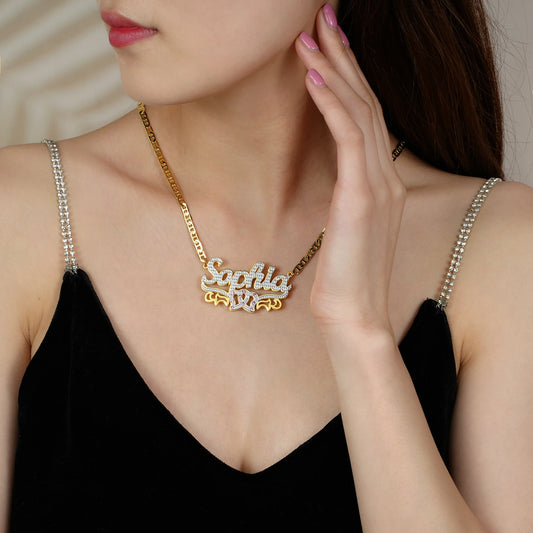 Dascusto Personalized Nameplate Name Necklace Custom 3D 18KGold Plated Double Diamond Choker Pendant Two-Tone  Chain For Women