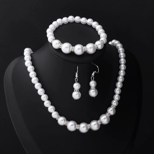 3Pieces Set Elegant Simulated Pearl Necklace Earrings Bracelet Long Necklace Women Bridal Wedding Jewelry Gift Beautiful Jewelri