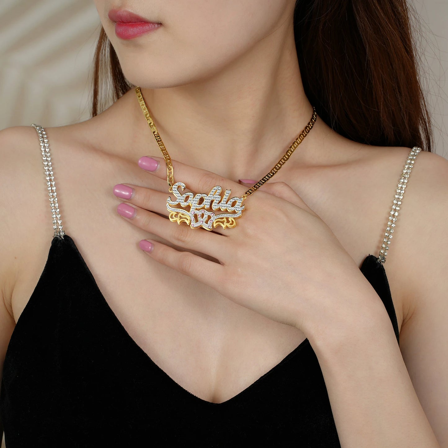 Dascusto Personalized Nameplate Name Necklace Custom 3D 18KGold Plated Double Diamond Choker Pendant Two-Tone  Chain For Women