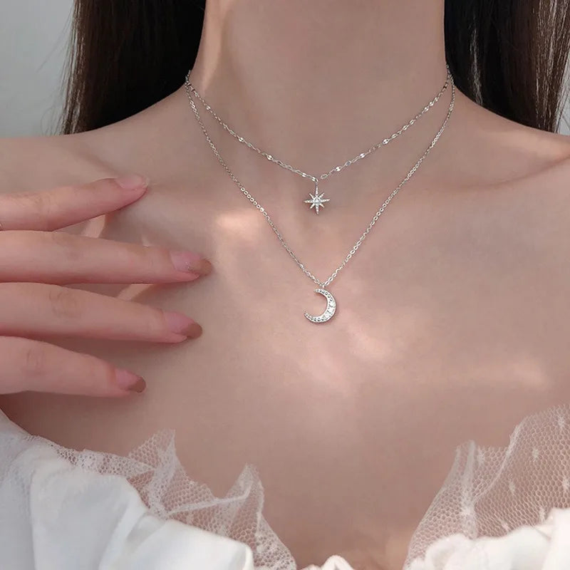 Necklace for Women Double Layer Zircon star Moon Pendant Necklace DelicateChain Charm Elegant Fashion Jewelry Gifts