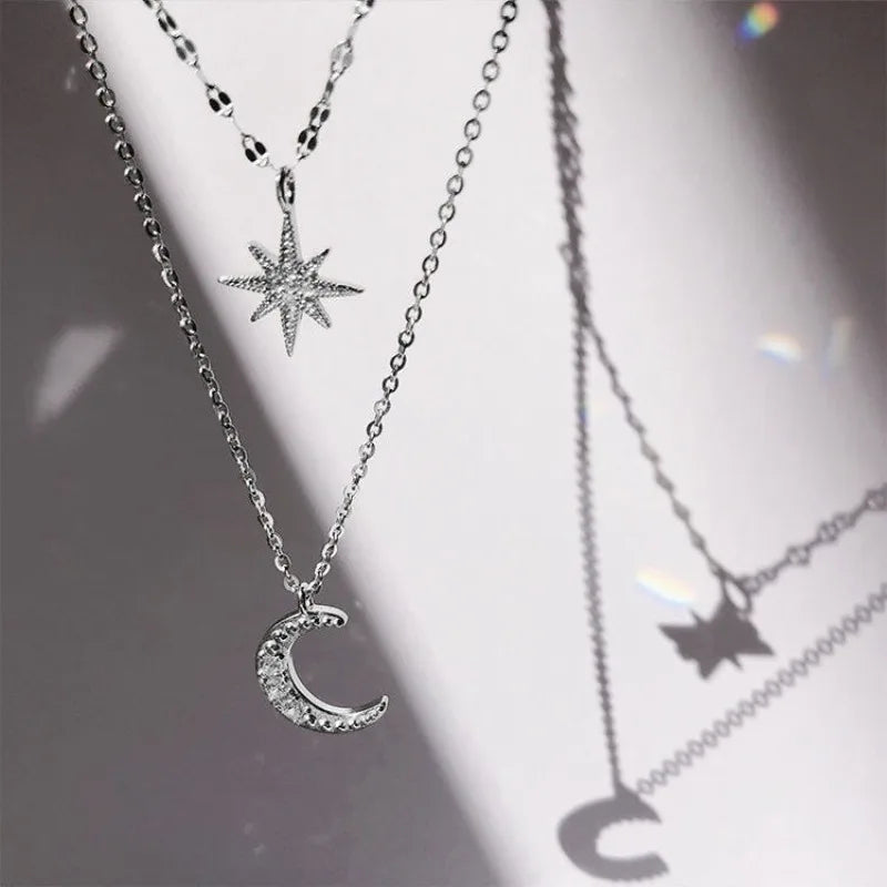 Necklace for Women Double Layer Zircon star Moon Pendant Necklace DelicateChain Charm Elegant Fashion Jewelry Gifts
