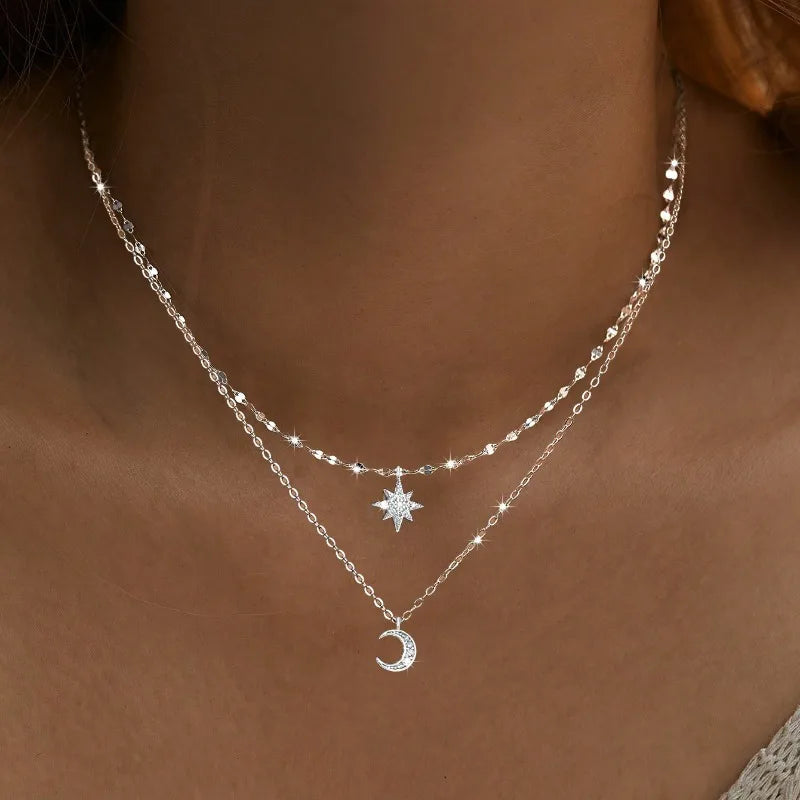 Necklace for Women Double Layer Zircon star Moon Pendant Necklace DelicateChain Charm Elegant Fashion Jewelry Gifts