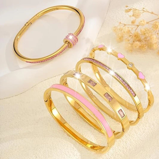 Stackable Gold Color Bangle Bracelet Set for Women - 18K Gold Plated Stainless Steel Pink Crystal Love Heart Bracelet Jewelry