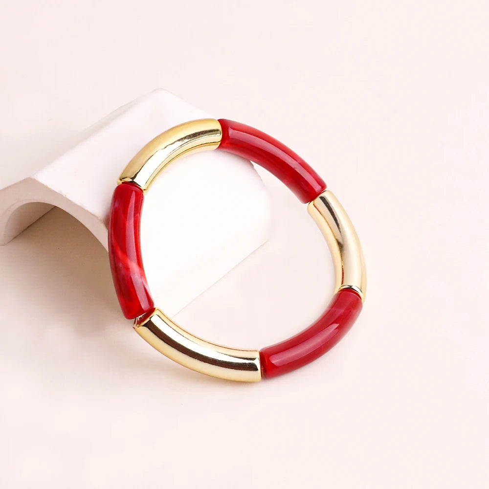 FishSheep Bohemian Colorful Resin Bamboo Stackable Bracelet for Women Trendy Elastic Link Chain Bracelets Bangles Jewelry Gifts
