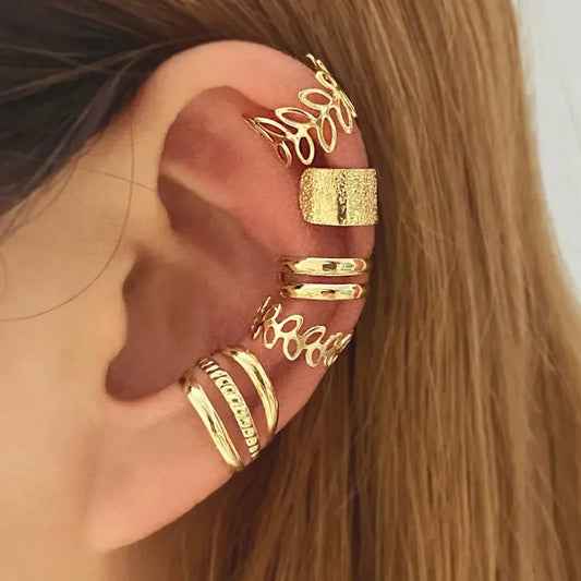 5pcs Gold Clip-On Earrings Set – Personality Hollow Leaf Ear Cuff, No Piercing C-Shaped Bridal Earrings Jewelry Gift
