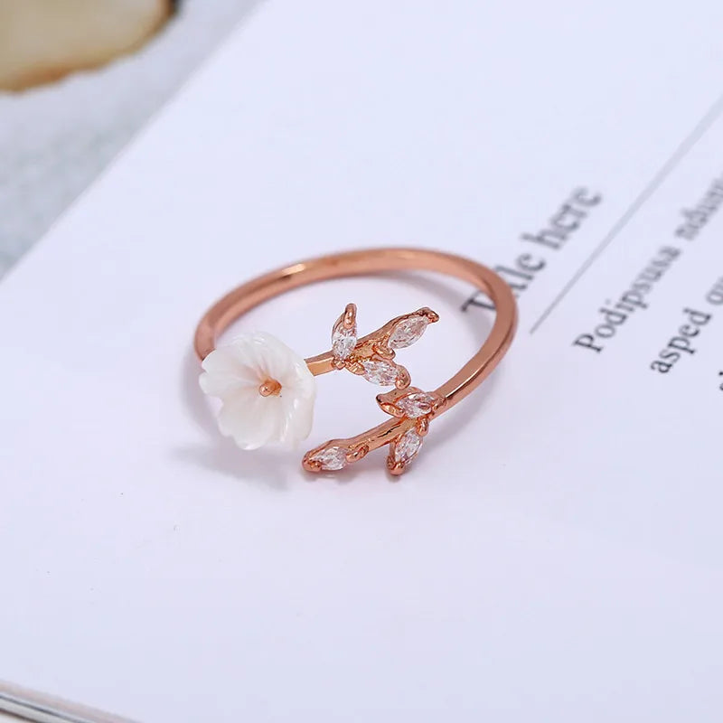 Delicate Zircon Leaf Shell Flower Adjustable Ring For Women Ladies Girls Rose Gold Color Finger Bague Jewellry Gift