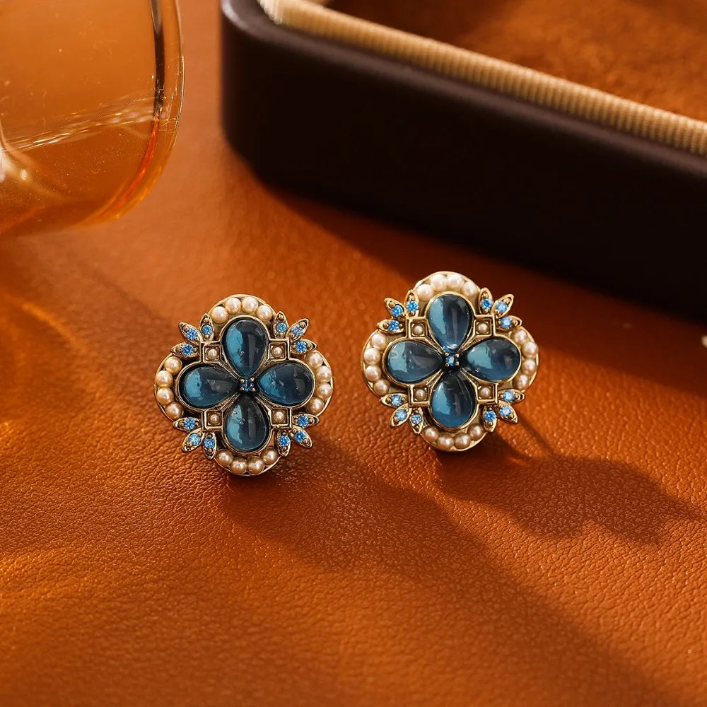 2025 New Light Luxury High-end Stud Earrings Sea Blue Opal Stud Earrings Women