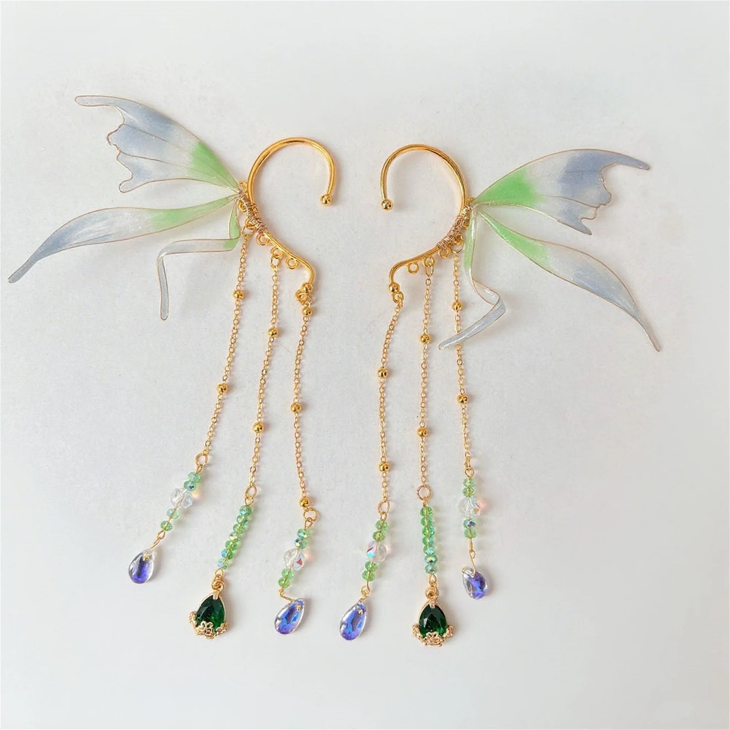 Fairy Wing Ear Cuffs with Crystal Accents and Chain Tassels for Women and Girls - No Piercing Cosplay Earrings and Accessories
