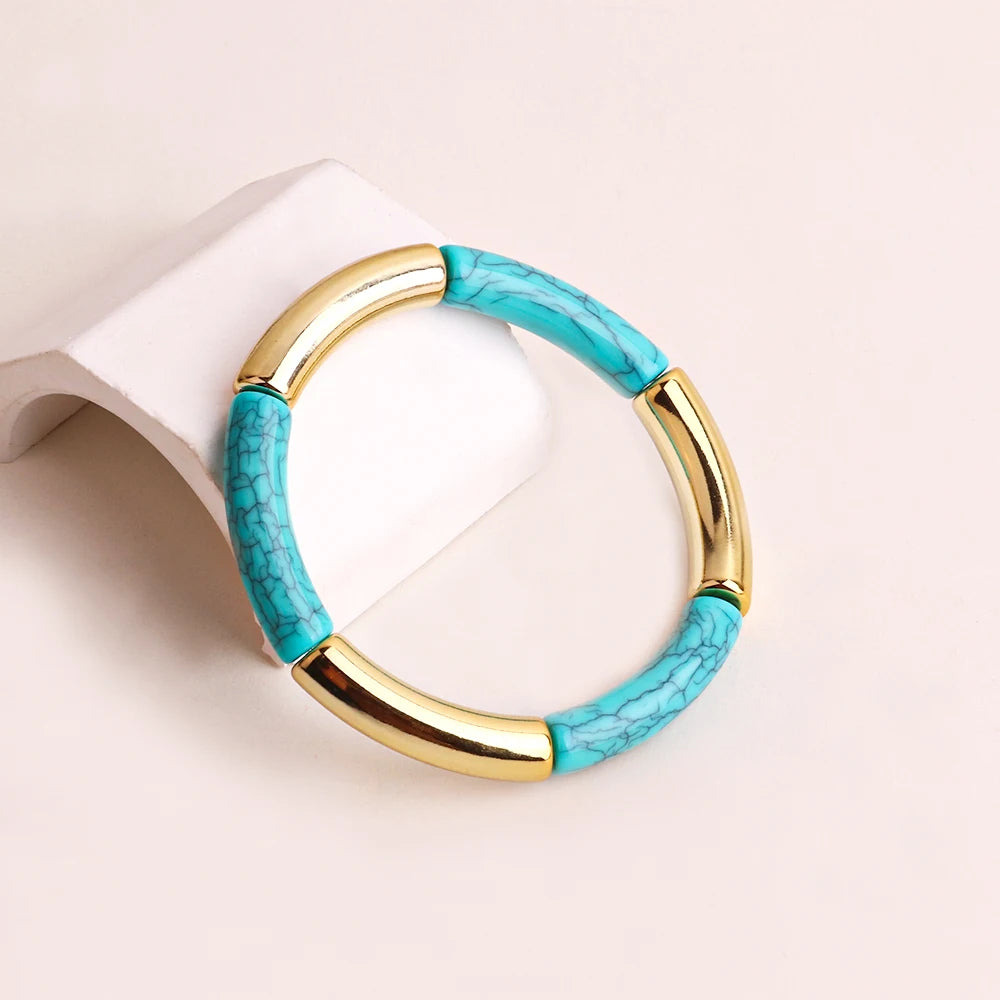 FishSheep Bohemian Colorful Resin Bamboo Stackable Bracelet for Women Trendy Elastic Link Chain Bracelets Bangles Jewelry Gifts