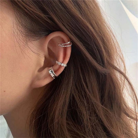 925 Sterling Silver Zircon Geometric Ear Cuff Clip Earrings - Set of 3