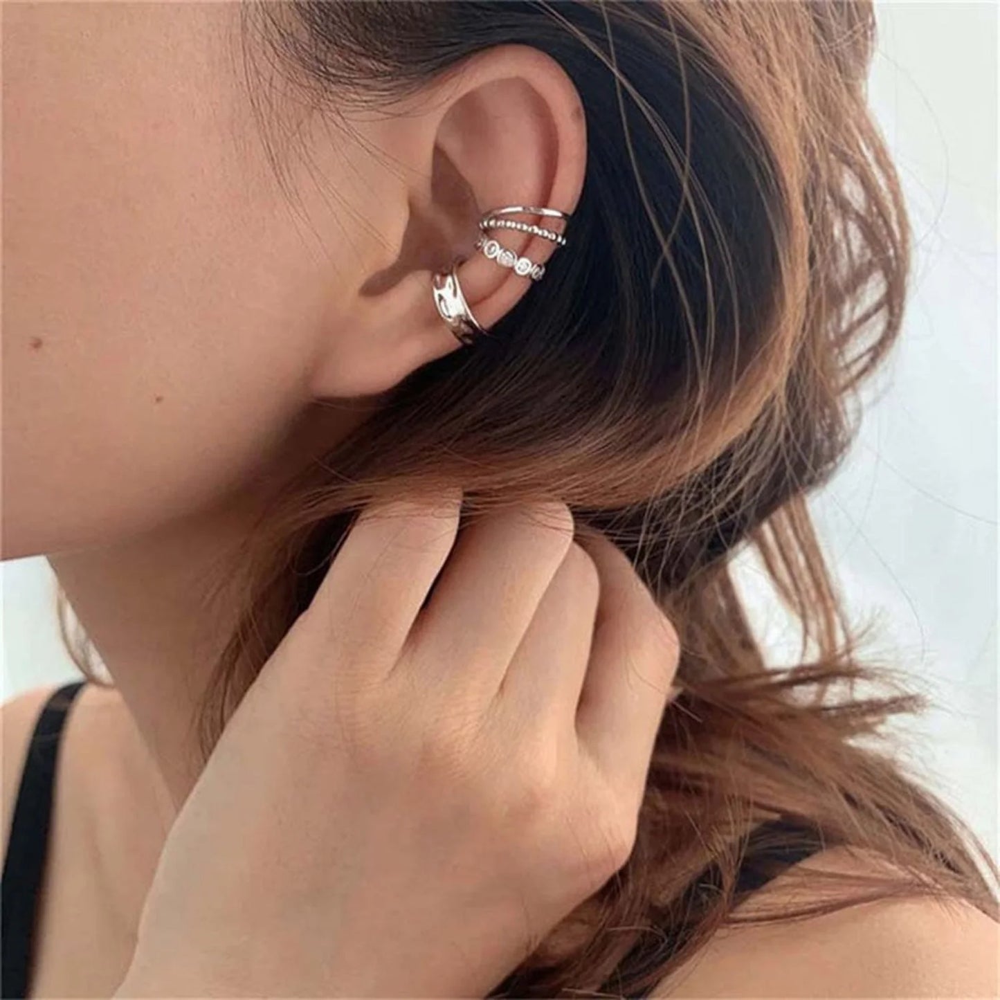 925 Sterling Silver Zircon Geometric Ear Cuff Clip Earrings - Set of 3