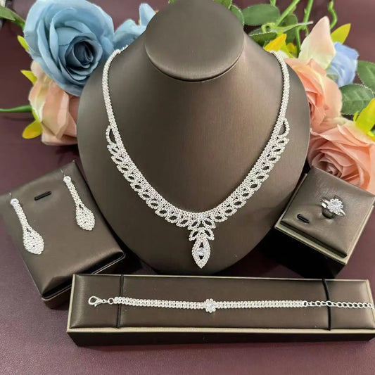 New hollow leaf necklace, earrings, bracelet, ring, four piece set, bridal wedding rhinestone accessories