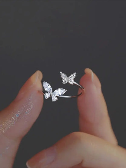 Fashion Adjustable Open Acrylic Crystal Butterfly Ring For Women Kpop Silver Color Zircon Finger Ring Party Jewelry Wholesale