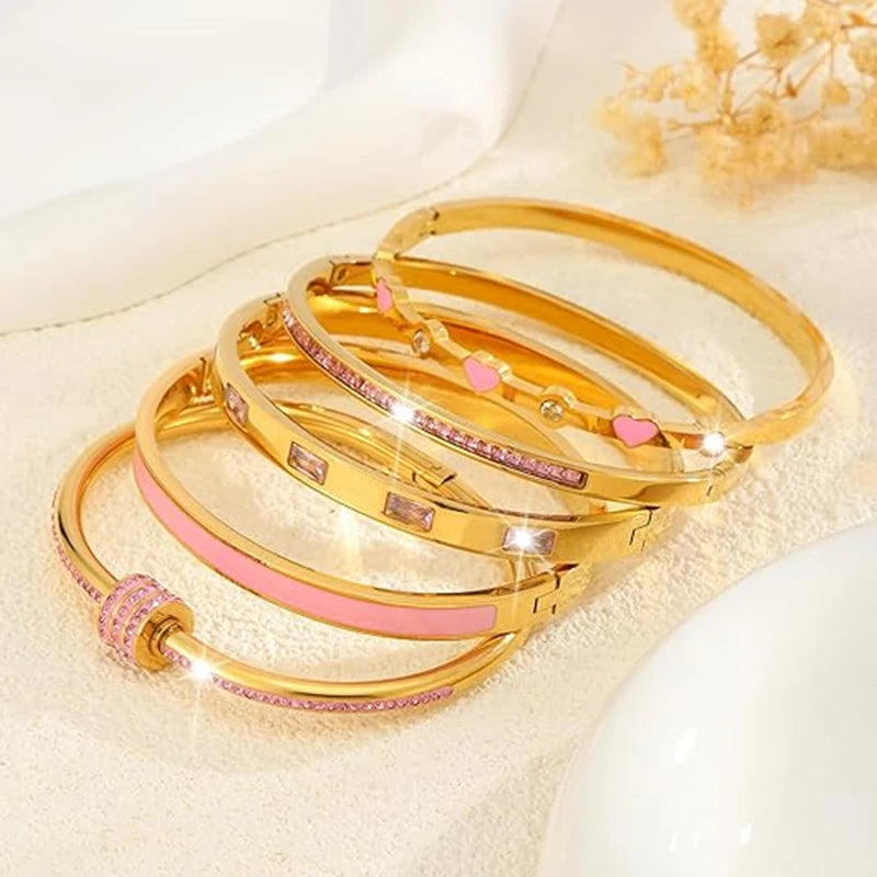 Stackable Gold Color Bangle Bracelet Set for Women - 18K Gold Plated Stainless Steel Pink Crystal Love Heart Bracelet Jewelry