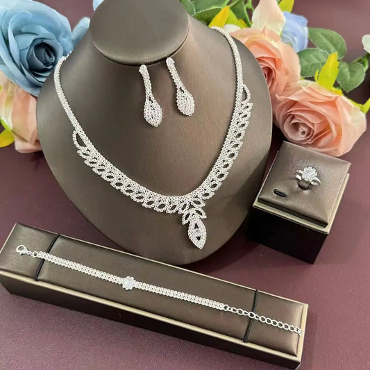 New hollow leaf necklace, earrings, bracelet, ring, four piece set, bridal wedding rhinestone accessories