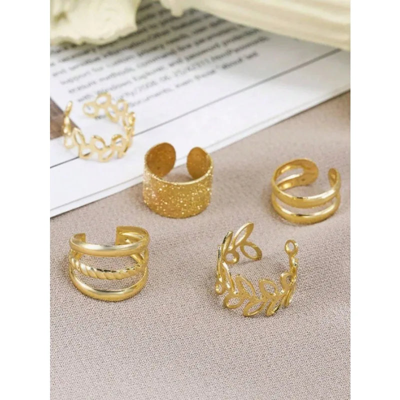 5pcs Gold Clip-On Earrings Set – Personality Hollow Leaf Ear Cuff, No Piercing C-Shaped Bridal Earrings Jewelry Gift