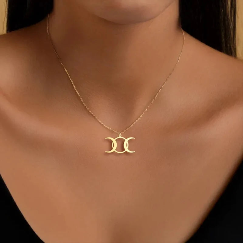 Stainless Steel Triple Moon Goddess Necklace Moon Phases Pendant Necklaces For Women Wicca Jewelry