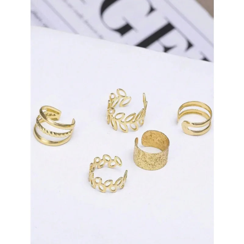 5pcs Gold Clip-On Earrings Set – Personality Hollow Leaf Ear Cuff, No Piercing C-Shaped Bridal Earrings Jewelry Gift