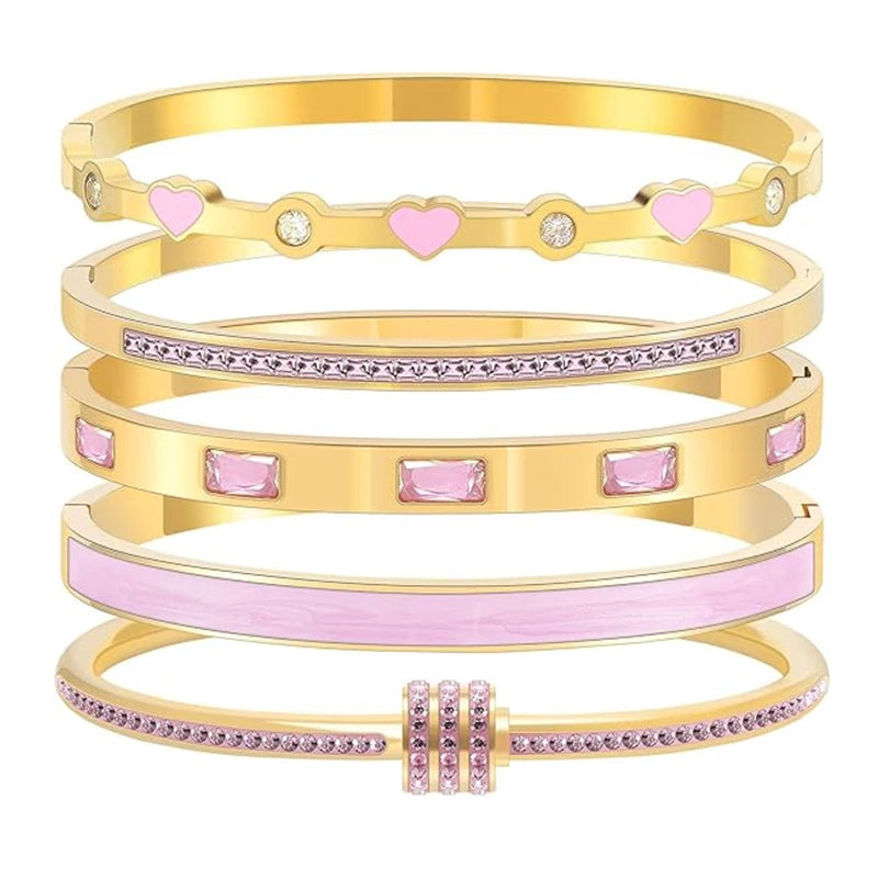 Stackable Gold Color Bangle Bracelet Set for Women - 18K Gold Plated Stainless Steel Pink Crystal Love Heart Bracelet Jewelry