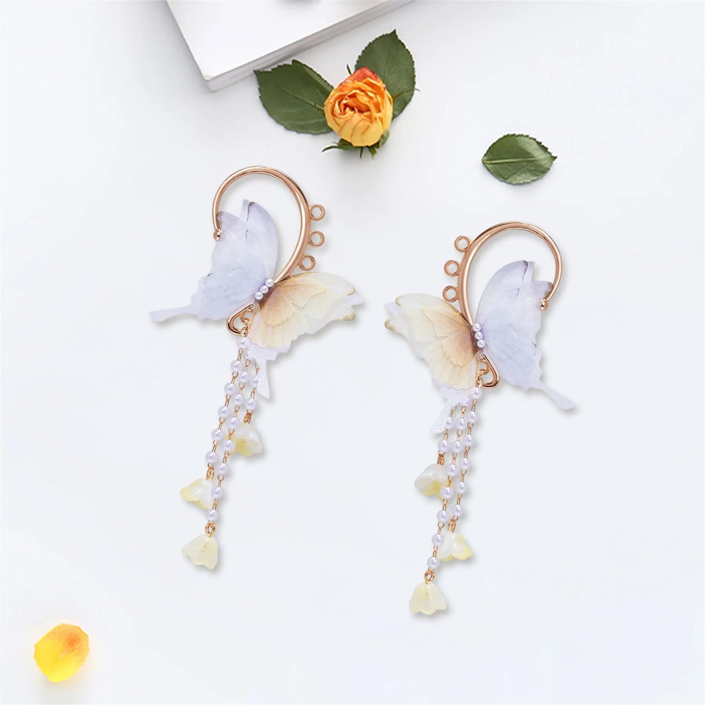 Butterfly Wing Ear Cuffs with Crystal Tassel No Piercing Earrings for Women and Girls Cosplay Jewelry Accessories