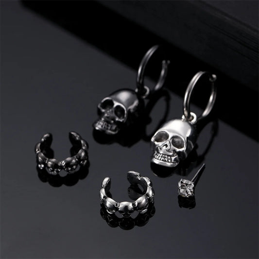 5Pcs/Set Simple Halloween Black Silver Color Skull Drop Earrings Punk Skeleton No Piercing Ear Clip For Women Men Gothic Jewelry