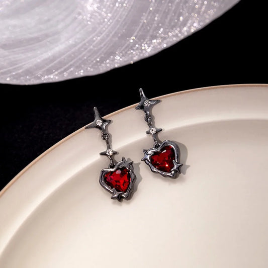 New Dark Red Love Stud Earrings, Four-pointed Star Peach Heart Earrings, Holiday Gift.