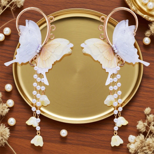 Butterfly Wing Ear Cuffs with Crystal Tassel No Piercing Earrings for Women and Girls Cosplay Jewelry Accessories