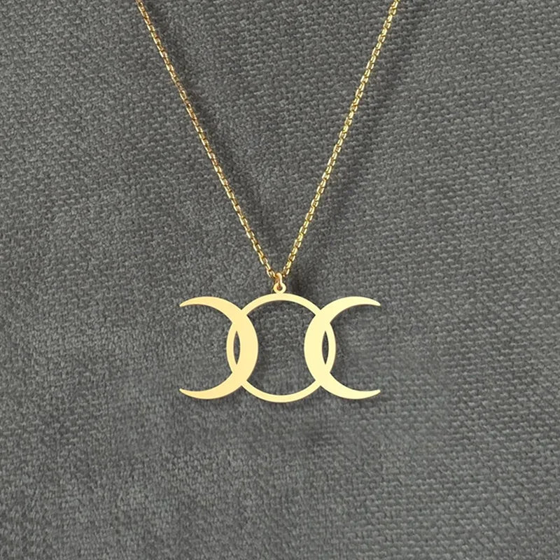 Stainless Steel Triple Moon Goddess Necklace Moon Phases Pendant Necklaces For Women Wicca Jewelry