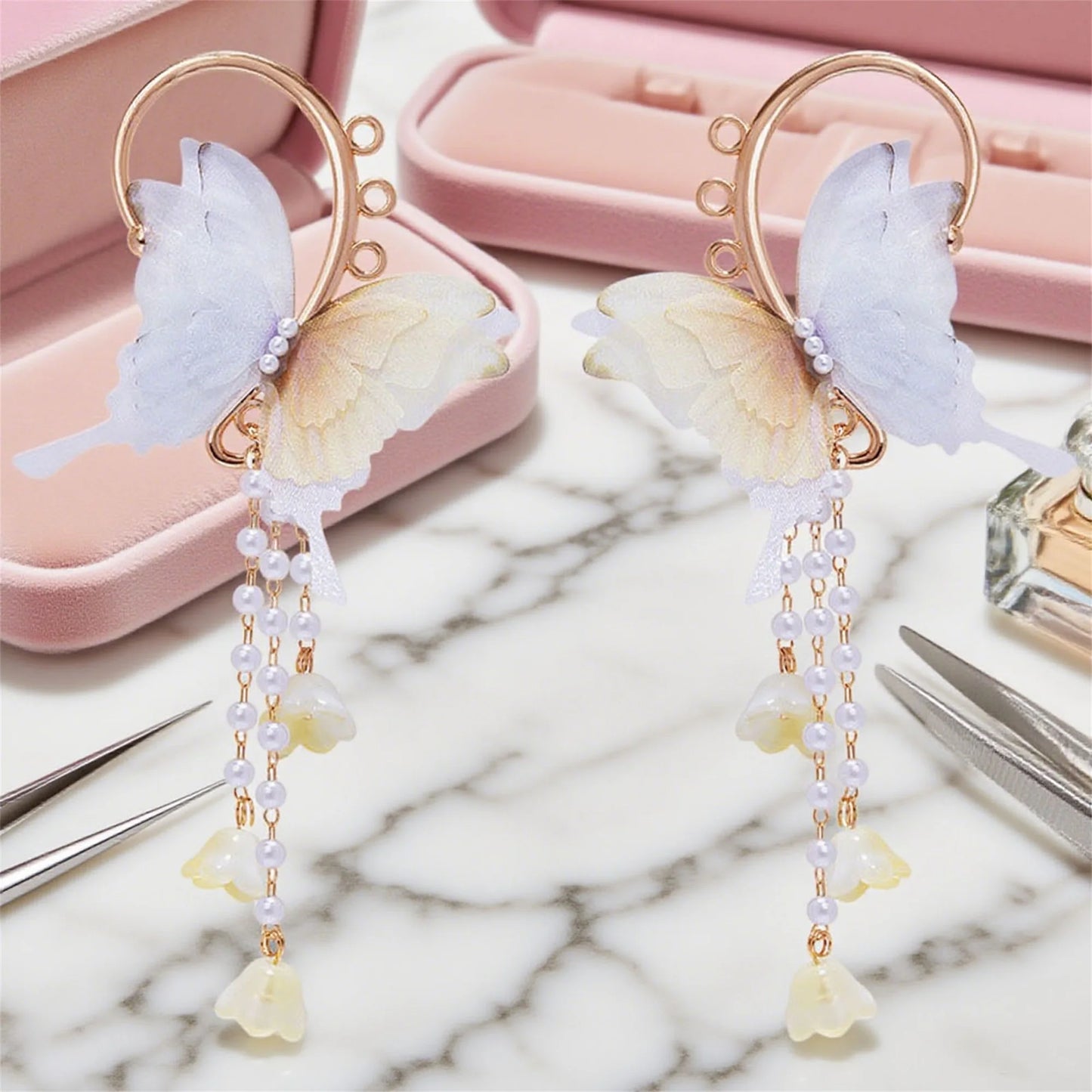 Butterfly Wing Ear Cuffs with Crystal Tassel No Piercing Earrings for Women and Girls Cosplay Jewelry Accessories