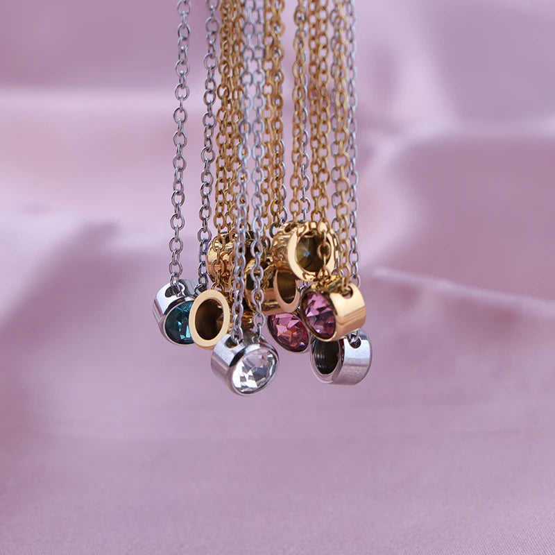 Stainless Steel 12 Birthstones Pendant Necklaces Colorful 12 Month Birthstone Charms  for Women Girls Birthday Jewelry Gift