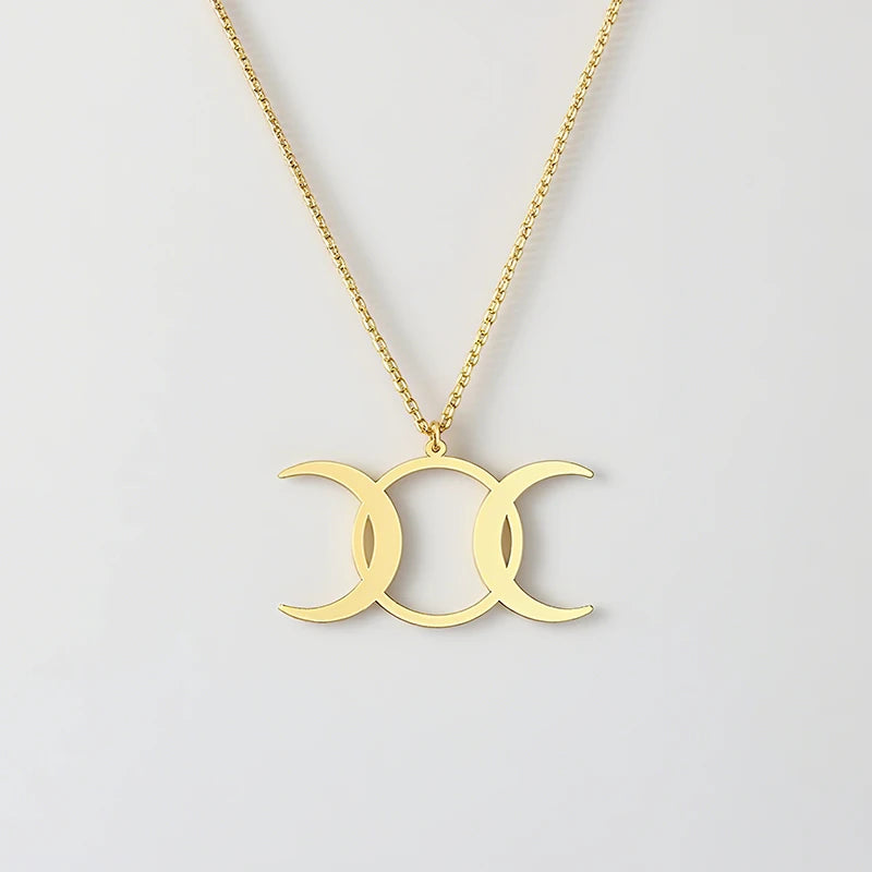 Stainless Steel Triple Moon Goddess Necklace Moon Phases Pendant Necklaces For Women Wicca Jewelry