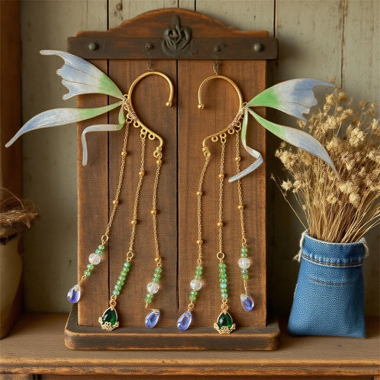 Fairy Wing Ear Cuffs with Crystal Accents and Chain Tassels for Women and Girls - No Piercing Cosplay Earrings and Accessories