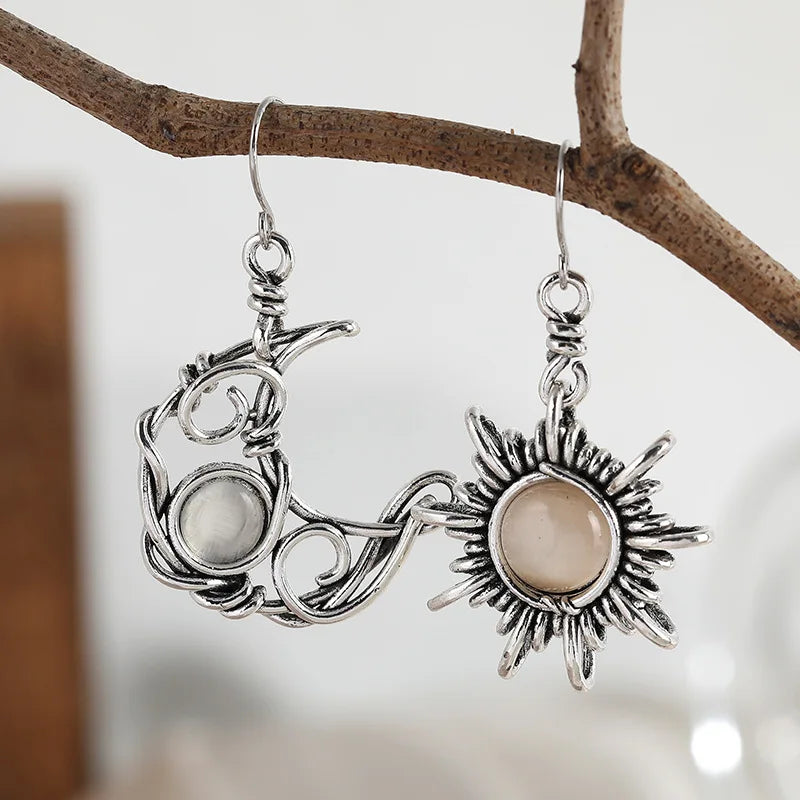 1 Bohemian style retro sun and moon earring, moonstone asymmetrical sun and moon earring