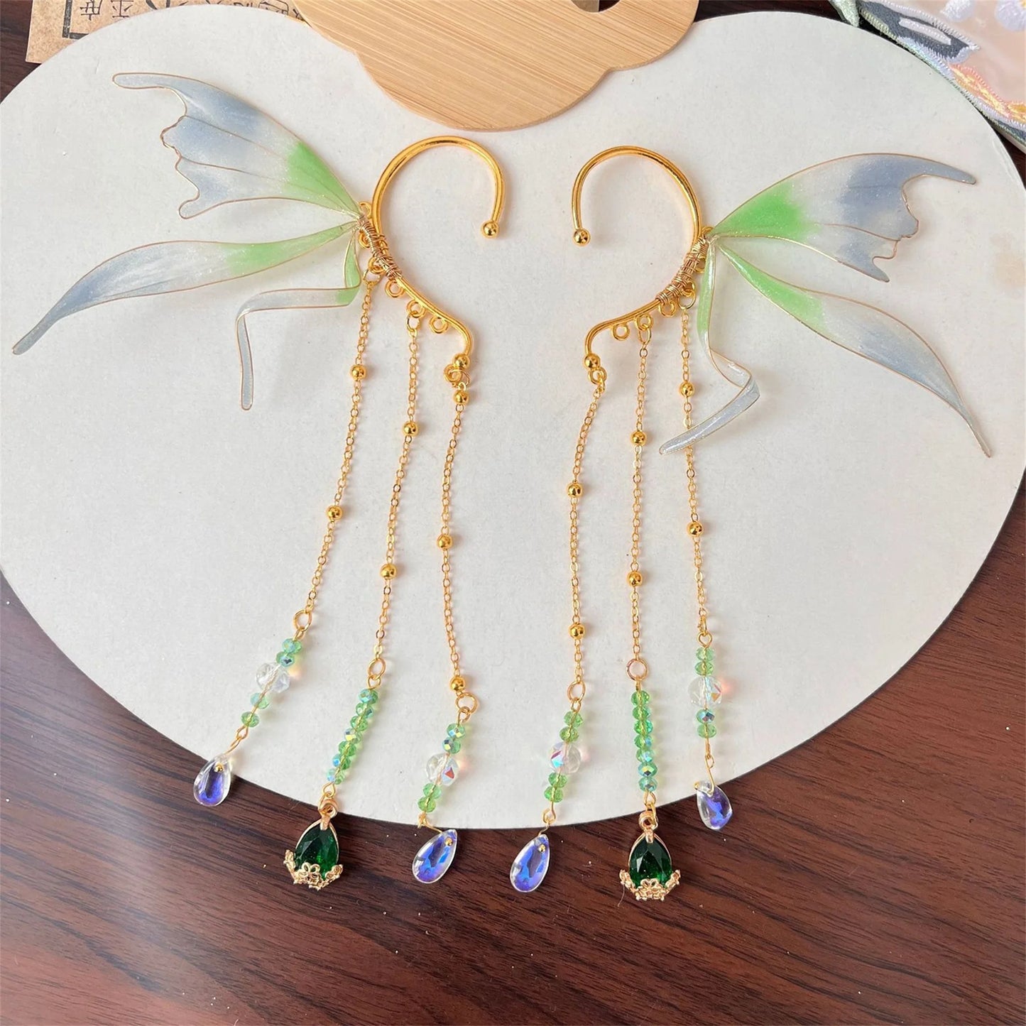 Fairy Wing Ear Cuffs with Crystal Accents and Chain Tassels for Women and Girls - No Piercing Cosplay Earrings and Accessories