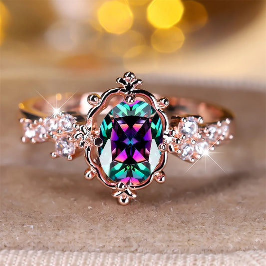 Mystic Rainbow Crystal Oval Stone Flower Rings For Women Trendy Rose Gold Color Wedding Ring Bridal Engagement Band Jewelry Gift