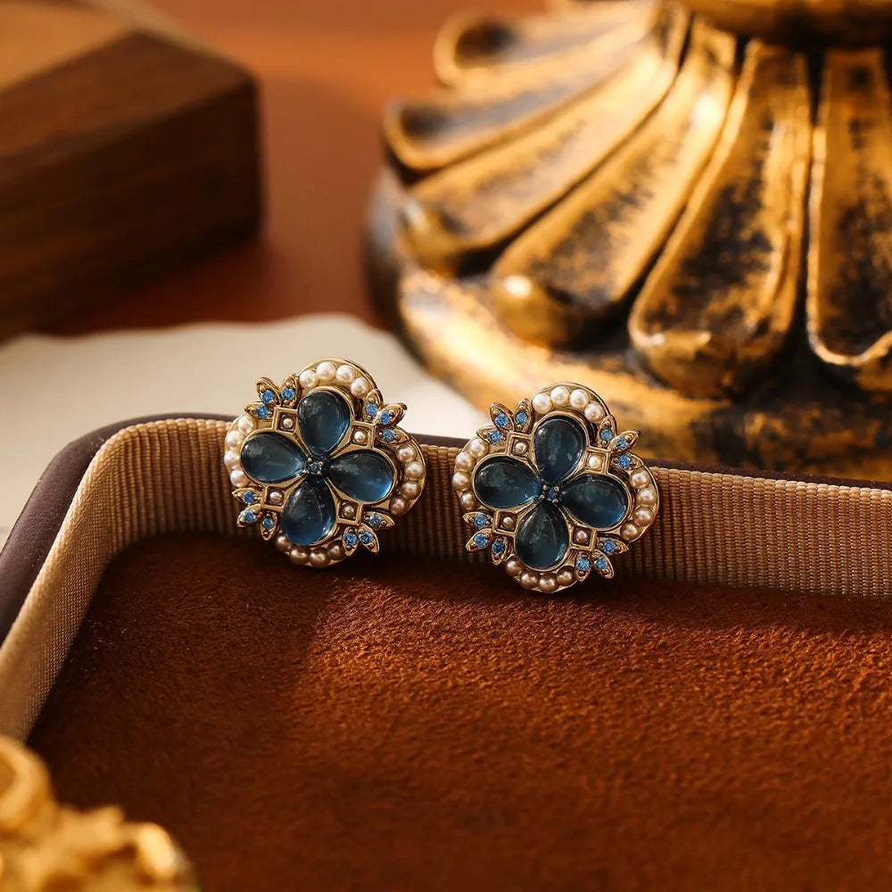 2025 New Light Luxury High-end Stud Earrings Sea Blue Opal Stud Earrings Women