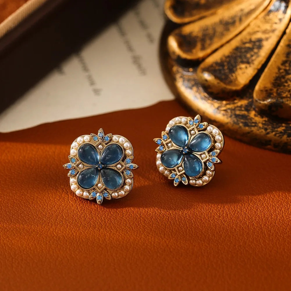 2025 New Light Luxury High-end Stud Earrings Sea Blue Opal Stud Earrings Women