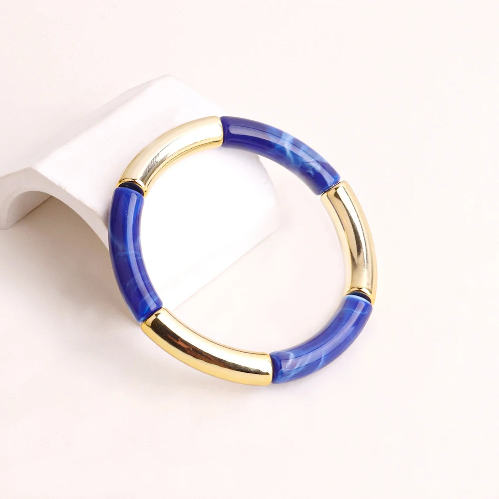 FishSheep Bohemian Colorful Resin Bamboo Stackable Bracelet for Women Trendy Elastic Link Chain Bracelets Bangles Jewelry Gifts