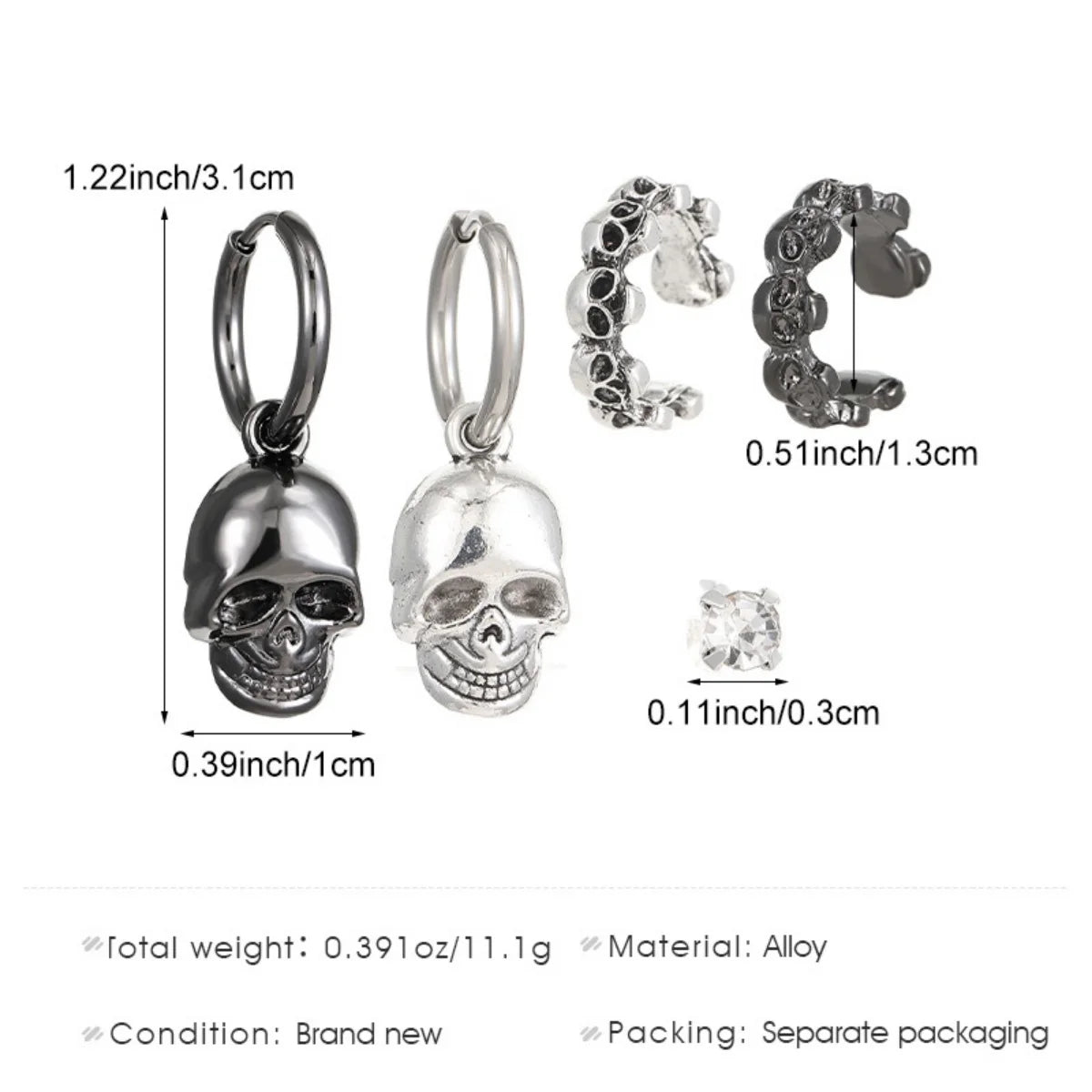 5Pcs/Set Simple Halloween Black Silver Color Skull Drop Earrings Punk Skeleton No Piercing Ear Clip For Women Men Gothic Jewelry