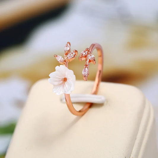 Delicate Zircon Leaf Shell Flower Adjustable Ring For Women Ladies Girls Rose Gold Color Finger Bague Jewellry Gift