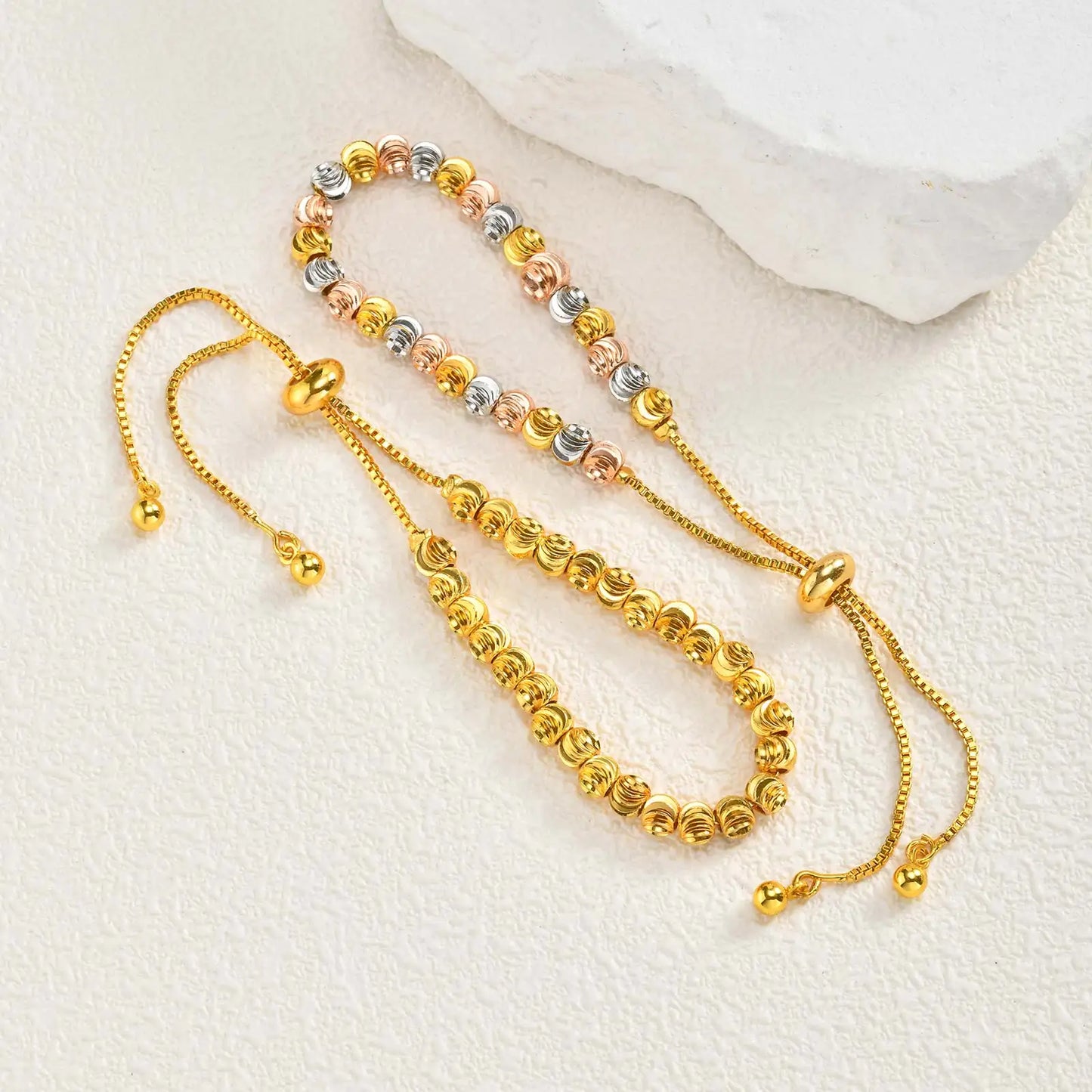 Luxury Tri Color Beaded Bracelet for Women, Gold Plated Adjustable Chain Bracelet, Unique Design Fashion Jewelry