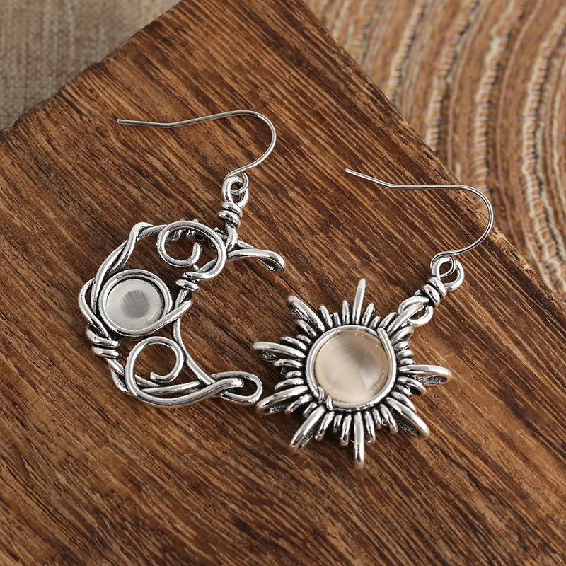 1 Bohemian style retro sun and moon earring, moonstone asymmetrical sun and moon earring