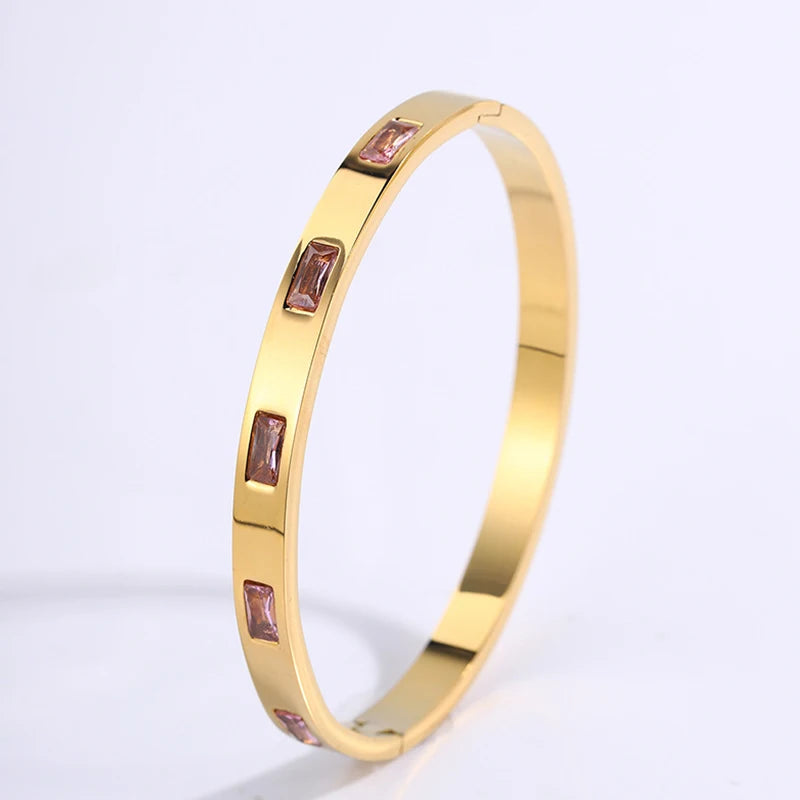 Stackable Gold Color Bangle Bracelet Set for Women - 18K Gold Plated Stainless Steel Pink Crystal Love Heart Bracelet Jewelry
